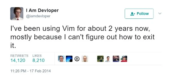 Twitter profile mocking how non-intuitive is exiting the Vim editor.